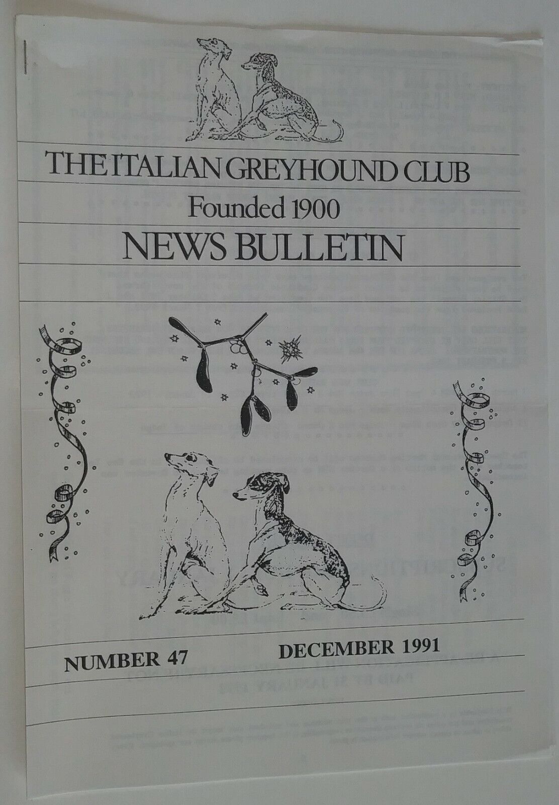 The Italian Greyhound Club News Bulletin Dec 1991 Number 47 Tentyra Peggy Fraser