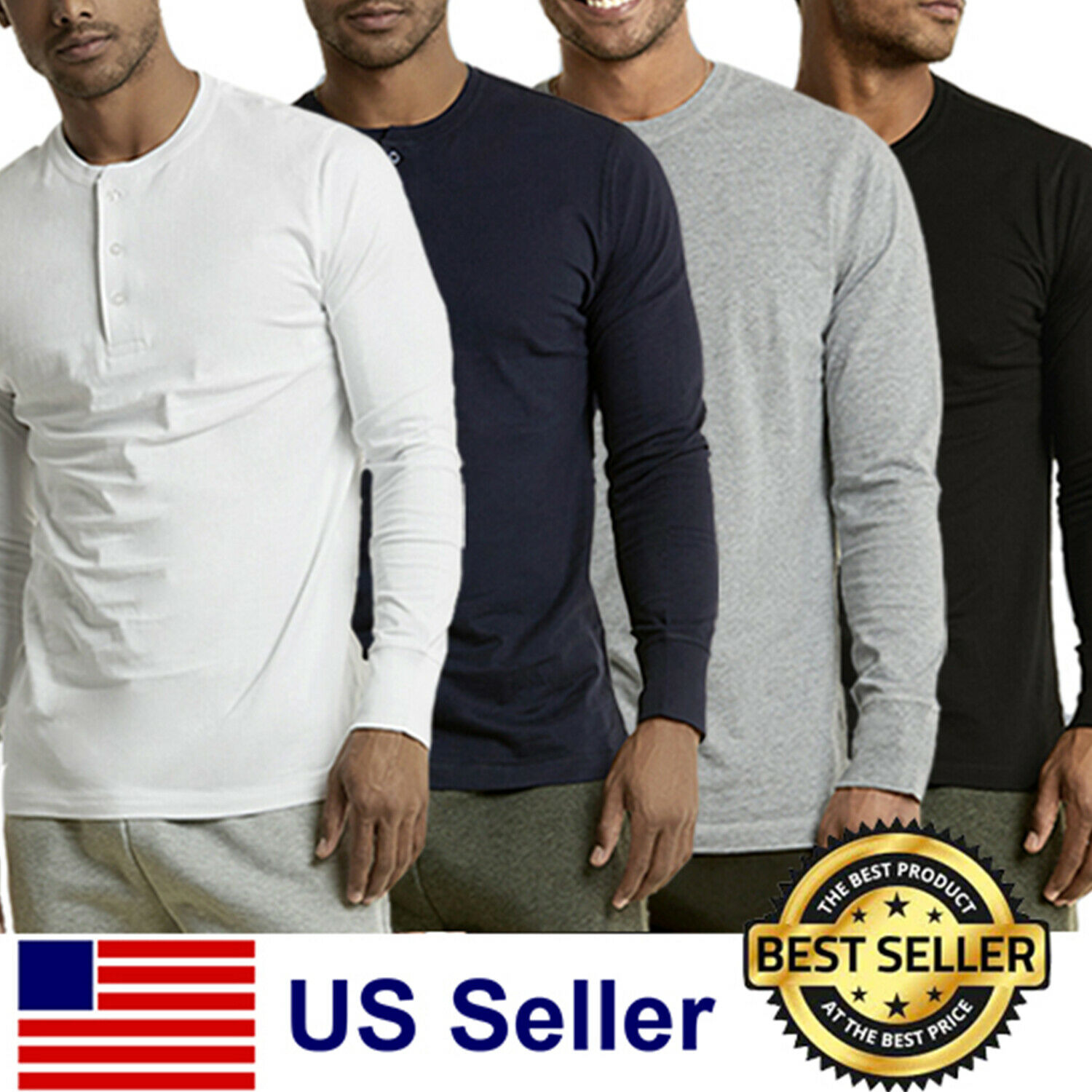 New Mens Henley Shirt T-shirts Shirts Long Sleeve Cotton Pullover Comfy Button